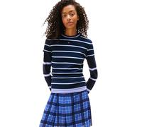 Tommy Jeans Geripptes Damen-T-Shirt mit gesticktem Flaggen-Detail, Dark Night Navy/Stripe, Groß