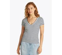 Kurzarmshirt TOMMY JEANS "TJW SLIM ESSENTIAL RIB V SS", Damen, Gr. L (40), blau (ecru, navy), Single Jersey, Obermaterial: 95% Baumwolle, 5% Elasthan, gestreift, slim fit kurz, tiefer V-Ausschnitt, ab