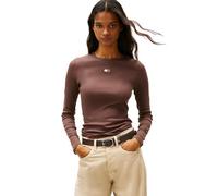 Tommy Jeans Langärmeliges Geripptes Damen-T-Shirt mit gesticktem Flaggen-Detail, Black Walnut, Mittel