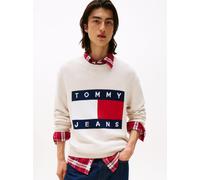 Strickpullover TOMMY JEANS "TJM MELANGE FLAG SWEATER", Herren, Gr. L, weiß (ancient weiß htr), Sweatware, Obermaterial: 100% Baumwolle, casual, hüftbedeckend, Rundhals, Langarm Rippbündchen, Pullover,