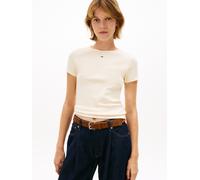 Kurzarmshirt TOMMY JEANS "TJW SLIM ESSENTIAL RIB SHORT SLEEVE EXT", Damen, Gr. L (40), almost gelb, Single Jersey, Obermaterial: 95% Baumwolle, 5% Elasthan, unifarben, slim fit hüftlang, Rundhals, abg
