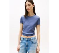 Kurzarmshirt TOMMY JEANS "TJW SLIM ESSENTIAL RIB SS EXT", Damen, Gr. S (36), blau moment, Single Jersey, Obermaterial: 95% Baumwolle, 5% Elasthan, unifarben, casual, slim fit kurz, Rundhals, Kurzarm a