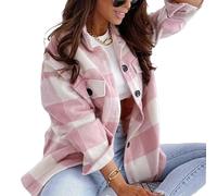 TOMPPY Damen Boyfriend-Shacket-Hemdjacke Aus Kariertem Flanell Übergroße Bluse Mit Langen Laternenärmeln Knopftaschen Hemdoberteile Karierter Mantel Wollmischung Herbst Frühling Winter Pink L