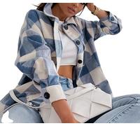 TOMPPY Damen Boyfriend-Shacket-Hemdjacke Aus Kariertem Flanell Übergroße Bluse Mit Langen Laternenärmeln Knopftaschen Hemdoberteile Karierter Mantel Wollmischung Herbst Frühling Winter Blau XXL