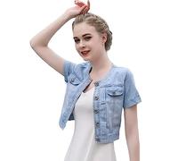 TOMPPY Damen Jeansjacke, Damen Kurzarm-Jeansjacke Sommer-Cardigan Mit Knopfleiste Bauchfreier Schal Stretch-Denim-Mantel Vintage-Waschung Verblasste Jean-Shrug-Jacke Oberteile Für Das Kleid