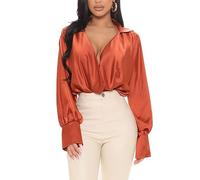 TOMPPY Damen Satin-Bluse, Orange, XL, V-Ausschnitt, Langarm, Einfarbig, Lockere Passform, Formal, Damenbluse