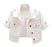 TOMPPY Jeansjacke Damen, Damen Halbarm-Jeansjacke Modisch Weiß Button-Down-Revers-Strickjacke Crop-Schal Jeansmantel Vintage-Waschung Jean-Achselzuckenjacke Sommer Lässige Denim-Outwear L