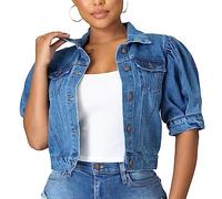 TOMPPY Jeansjacke Damen, Damen Puff Kurzarm Jeansjacke Mode Revers Knopfleiste Kurzer Jeansmantel Vintage Distressed Wash Faded Sommer Jean Shrug Jacke Tops Für Damen Mädchen,Dunkelblau,L