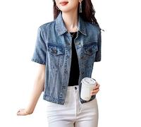TOMPPY Jeansjacke, Damen-Jeansjacke Kurzärmelig Hellblau Verwaschen Verblasstes Revers Button-Down-Jeansmantel Sommer Vintage-Jeansjacke Im Used-Look Trucker-Jeansjacke Tops Für Damen Und Mädchen XL