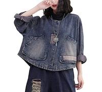 TOMPPY Jeansjacke Mädchen, Damen-Jeansjacke Vintage-Stil Distressed-Blau Spleißen Lange Ärmel Knopfleiste Shacket-Jacke Lockere Kurze Waschung Verblasster Rundhals-Jeansmantel Frühling Übergang Lässi