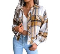 TOMPPY Kurz Geschnittene Karierte Shacket-Fleecejacke Für Damen Kurzer Trenchcoat Einreihige Langärmlige Bomberjacke Mantel Aus Wollmischung Herbst-Winter-Flanellbluse Oberbekleidung Khaki M