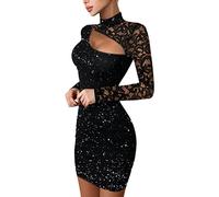 Tomwell Damen Bodycon Business Kleid Stehkragen Glänzende Kleider Minikleid Abend Party Cocktailkleid Elegante Winterkleid Sexy Transparentes Netz Langarm Abendkleid Z Schwarz5 M