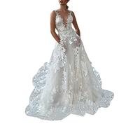 Tomwell Damen Elegant Maxi Kleider V-Ausschnitt Lang Abendkleid Festlich Cocktail Herbstkleider Elegant Hochzeitkleid Brautkleid D Weiß M