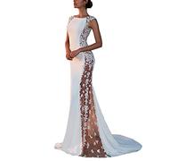 Tomwell Damen Elegant Maxi Kleider V-Ausschnitt Lang Abendkleid Festlich Cocktail Herbstkleider Elegant Hochzeitkleid Brautkleid B Weiß S