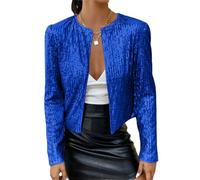 Tomwell Damen Glänzend Pailletten Jacke Cardigan Langarm Lässige Tops Kurz Oberteile Eleganter Blazer Glitzer Party Stehkragen Business Anzugjacke Clubwear A Blau XL