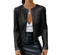 Tomwell Damen Glänzend Pailletten Jacke Cardigan Langarm Lässige Tops Kurz Oberteile Eleganter Blazer Glitzer Party Stehkragen Business Anzugjacke Clubwear A Schwarz S