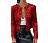 Tomwell Damen Glänzend Pailletten Jacke Cardigan Langarm Lässige Tops Kurz Oberteile Eleganter Blazer Glitzer Party Stehkragen Business Anzugjacke Clubwear A Rot M