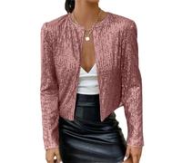 Tomwell Damen Glänzend Pailletten Jacke Cardigan Langarm Lässige Tops Kurz Oberteile Eleganter Blazer Glitzer Party Stehkragen Business Anzugjacke Clubwear A Rosa XXL