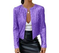 Tomwell Damen Glänzend Pailletten Jacke Cardigan Langarm Lässige Tops Kurz Oberteile Eleganter Blazer Glitzer Party Stehkragen Business Anzugjacke Clubwear A Violett 3XL