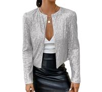 Tomwell Damen Glänzend Pailletten Jacke Cardigan Langarm Tops Kurz Oberteile Eleganter Blazer Glitzer Party Stehkragen Business Anzugjacke Clubwear A Grau L