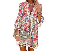 Tomwell Damen Kleider Strand Elegant Casual A-Linie Kleid Langarm Sommerkleider Boho V-Ausschnitt Quaste Tunika Vintage Böhmen Mini Kleider Strandkleid C Rot XS