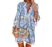 Tomwell Damen Kleider Strand Elegant Casual A-Linie Kleid Langarm Sommerkleider Boho V-Ausschnitt Quaste Tunika Mini Kleider C Blau 3XL