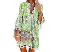 Tomwell Damen Kleider Strand Elegant Casual A-Linie Kleid Quaste Spitze Langarm Sommerkleider Boho V-Ausschnitt Quaste Tunika Mini Kleider Vintage Minikleid Strandkleid C Grün 3XL