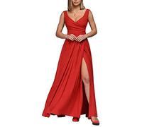 Tomwell Damen Langarm V-Ausschnitt Kleider Elegant Lang Kleid A-Linie Party Prom Dress Hochzeit Ballkleid Plissee Maxi Partykleid Cocktailkleid Brautkleid Festkleider B Rot L
