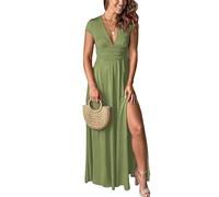 Tomwell Damen Langarm V-Ausschnitt Kleider Elegant Lang Kleid A-Linie Party Prom Dress Hochzeit Ballkleid Plissee Maxi Partykleid Cocktailkleid Brautkleid Festkleider A Armeegrün L