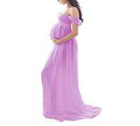 Tomwell Damen Schwangerschaftskleid Split Bodenlanges Kleid Einfarbig Elegant Fotoshooting Umstandskleider Maternity Chiffonkleid Maxi Schwangere Fotografie Kleid A Violett XL