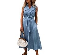 Tomwell Damen Sommer Kleider Denimkleid Übergröße Sommerkleid Casual Hemdblusenkleid Tunika Hemd Kleid Loses Minikleid Knielanges Kurzarm Jeanskleid F Blau M