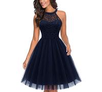 Tomwell Damen Spitzenkleid Sexy Ärmellos Abendkleid Kleid Hohe Taille Schlank Midi Kleid Swing Cocktailkleid Einfarbig Sommer Festlich Partykleid A Dunkelblau S