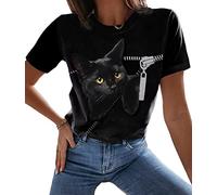 Tomwell Damen Sweatshirt Sommer Tshirt Kurzarm Top Cartoon 3D Druck Katzen-Muster Pulli Freizeit Bluse Frühling Shirts Hemd Pullover Schwarz L