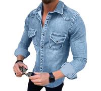 Tomwell Herren Jeansjacke Stehkragenhemd Retro Denim Tops Hemd Denimshirt Moden Design Shirt mit Brusttasche Langarm Slim Fit Casual Freizeithemd Hellblau M