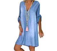 Tomwell Jeanskleider Damen Sommerkleid Jeans Kleider V-Ausschnitt Strandkleider Einfarbig A-Linie Kleid Blusenkleid Hemdkleid Knielang Kleid Denimkleid A Blau M