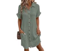 Tomwell Musselin Kleid Damen Leinen Kleider Elegant Kurzarm Blusenkleid Sommer Strandkleid Hemdblusenkleid Blusenkleid Locker Freizeitkleid A Grün M