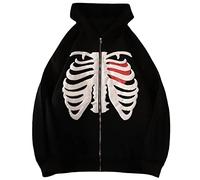 Tomwell Skelett Zip Up Hoodie für Damen Herren Goth Skelett Graphics Jacke Herbst Frühling Harajuku für Paare Y2K Sweatshirt Vintage Kordelzug Sweatjacke mit Kapuze Top A Schwarz XS