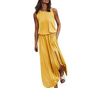 Tomwell Sommerkleider Damen Lange Elegant Lässiges Ärmelloses Tank Split Kleid Sexy Strandkleid Rundhals Maxikleider mit Taschen A Gelb 38