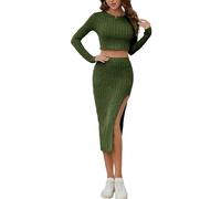 Tomwell Strickanzug Damen Set Rundhals Pullover Rippstrick Langarm Crop Top Midi Bodycon Strickrock Casual Outfits Kleid Strickkleid Einfarbig Zweiteiliger Anzug B Grün S