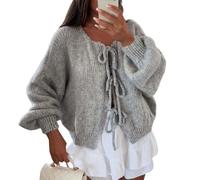 Tomwell Strickjacke Damen Langarm Grobstrick Cardigan Y2k Offene Front Strickpullover mit Schnürung A Grau S