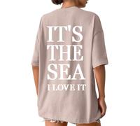 Tomwell Tshirt mit Großem Rückendruck Damen Oversize Rundhals Vintage Oberteile Sport Kurzarm Lose Bluse Elegant Tunika Sommer Lässig Longshirt Tops A Khaki XL