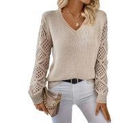 Tomwell V-Ausschnitt Pullover Damen Strickpullover Aushöhltes Langarmshirt Grobstrickpullover Winter Pulli Oberteile A Aprikose M