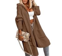 Tongmingyun Strickjacke Damen Lang Cardigan mit Kapuze Winter Grobstrickjacke Casual Lose Strickmantel Jacke Elegant Longstrickjacke Open Front Sweater Braun S