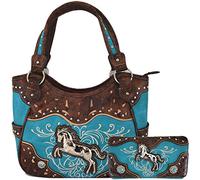 Tooled Leder Laserschnitt Western-Stil Pferd Cowgirl Geldbörse Country Totes Frauen Handtasche Alltag Schultertaschen Geldbörse Set, Türkis/Ausflug, einfarbig (Getaway Solids), Large