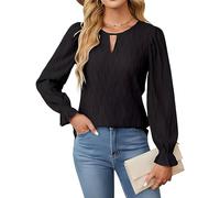 Top Damen Elegant Longpullover Baggy Damen Gerippter Rundhals Fleece Knitted Langarmshirt Basic Oberteile für Frühling und Herbst M A Black