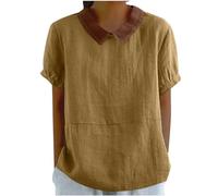 Top Damen Leinen Oberteile Kurzarm Bluse Schmale Passform Tshirt Sommer Tops Basic Shirt Tunika Pullover mit O-Ausschnitt Bequeme Longtops T-Shirt Beachwear Blusen Geschenk für Frauen