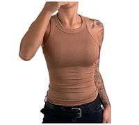 Top Damen Sommer Sexy U-Ausschnitt Basic Spaghetti Tops Tanktop Gerippt Slim Fit Einfarbig Ärmellose Oberteile 006 Kaffee L