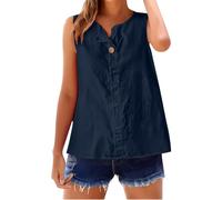Top Damen Sommer Tank Baumwoll-Leinen-Mischgewebe Mit Knopfleiste Leichte Atmungsaktive Sommerblusen Ärmellos Größen S-5Xl Tshirt Blusentops Große Locker Oberteil Tops Elegantes Basic Tanktop Marine