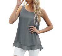 Top Damen Sommer Tank Chiffon Sleeveless Double Casual Blouse T Shirt Ärmellos Bluse Tanktop Leinenbluse Basic Ärmelloses Oberteil Elegantes Locker Oberteile Sexy Ärmellose Elegant Tops T-Shirt Grey