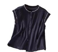 Top Damen Sommer Tank Für Damen Einfarbig Ärmellos Sommerbluse Baumwoll-Leinen-Mischgewebe Lässiges Rundhals-Basic-Top T-Shirt Ärmellos Tanktop Tshirt Ärmellose Tops Träger Elegant Blusentop Marine